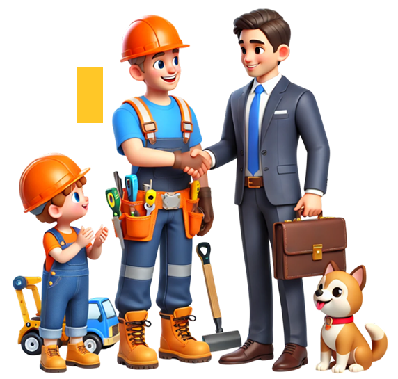 WorkConnect professionals collaborating - construction workers and businessman with tools